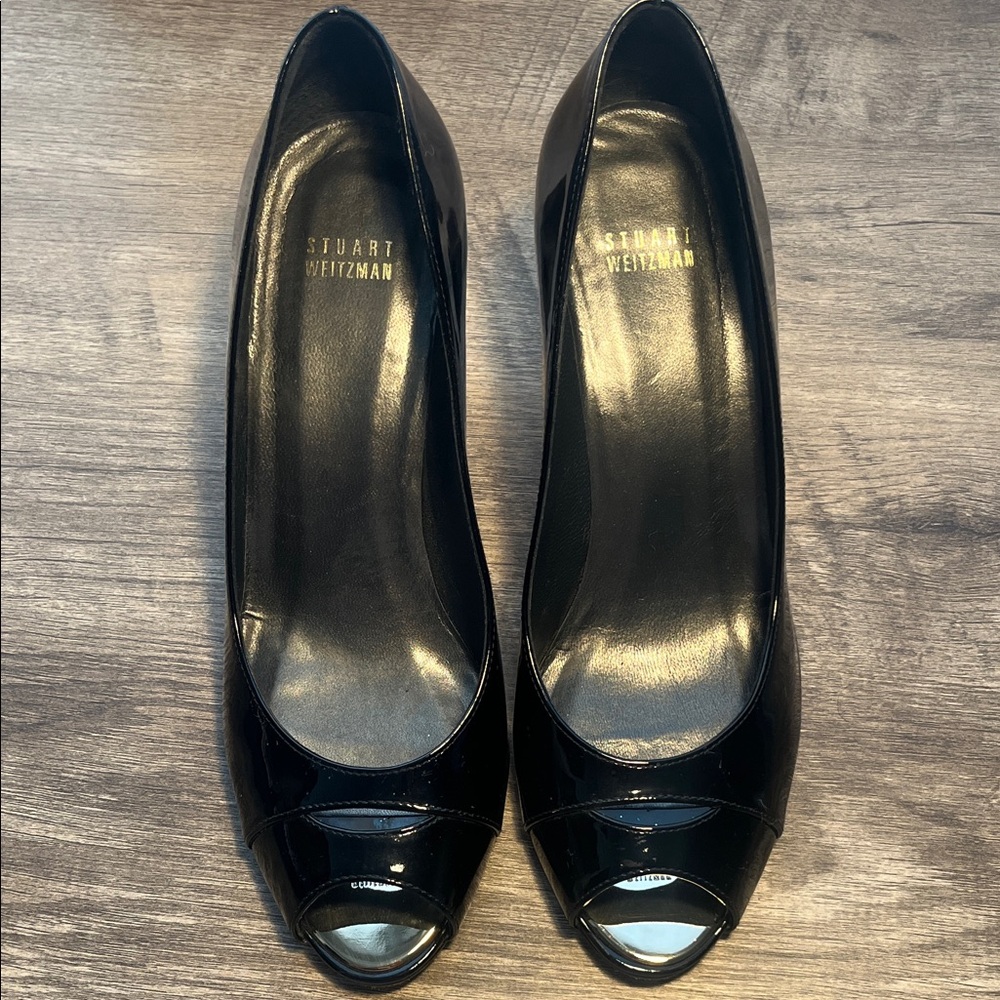 Stuart Weitzman Glossy Black Peep-Toe Heels